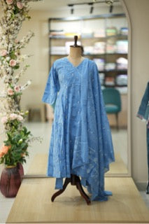 Elegant Sky Blue Handblock Anarkali Set with Dupatta