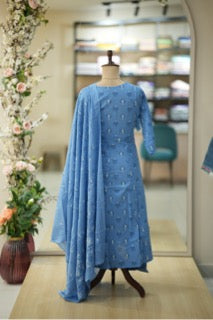Elegant Sky Blue Handblock Anarkali Set with Dupatta