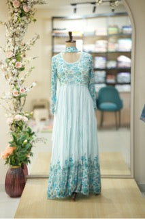 Elegant Aqua Blue Anarkali Gown with Intricate Floral Embroidery