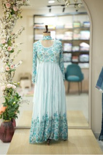 Elegant Aqua Blue Anarkali Gown with Intricate Floral Embroidery
