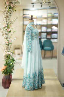 Elegant Aqua Blue Anarkali Gown with Intricate Floral Embroidery