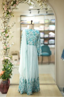 Elegant Aqua Blue Anarkali Gown with Intricate Floral Embroidery