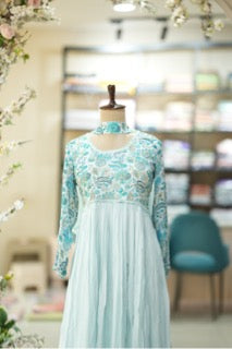 Elegant Aqua Blue Anarkali Gown with Intricate Floral Embroidery