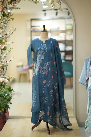 Deep Indigo Hand-Embroidered Cotton Suit with Floral Dupatta