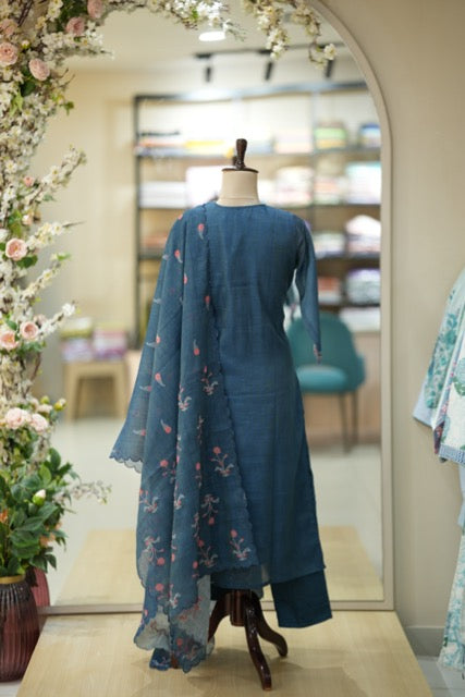 Deep Indigo Hand-Embroidered Cotton Suit with Floral Dupatta