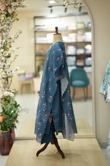 Deep Indigo Hand-Embroidered Cotton Suit with Floral Dupatta