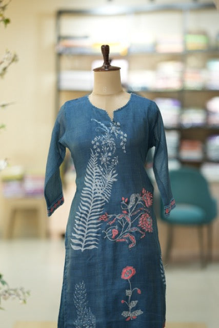 Deep Indigo Hand-Embroidered Cotton Suit with Floral Dupatta