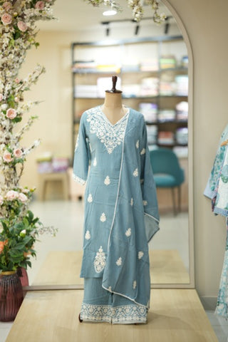 Powder Blue Chikankari-Inspired Cotton Suit Set with White Thread Embroidery