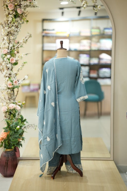 Powder Blue Chikankari-Inspired Cotton Suit Set with White Thread Embroidery