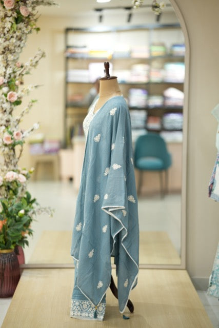 Powder Blue Chikankari-Inspired Cotton Suit Set with White Thread Embroidery