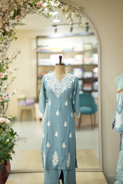 Powder Blue Chikankari-Inspired Cotton Suit Set with White Thread Embroidery