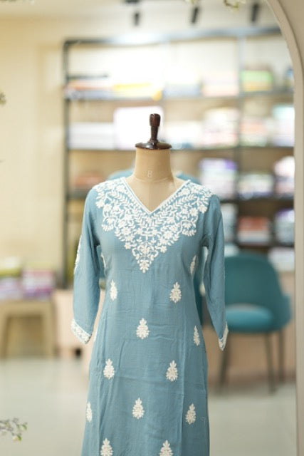 Powder Blue Chikankari-Inspired Cotton Suit Set with White Thread Embroidery