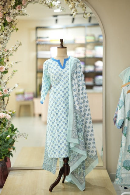 Sky Blue Handblock Cotton Suit Set with Traditional Floral Print