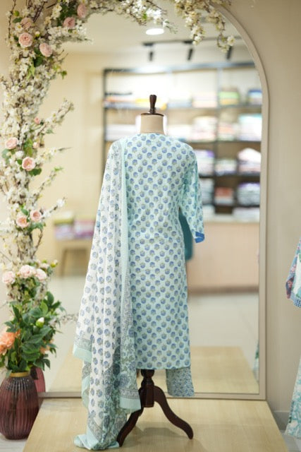 Sky Blue Handblock Cotton Suit Set with Traditional Floral Print