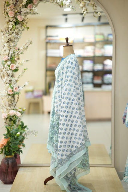 Sky Blue Handblock Cotton Suit Set with Traditional Floral Print