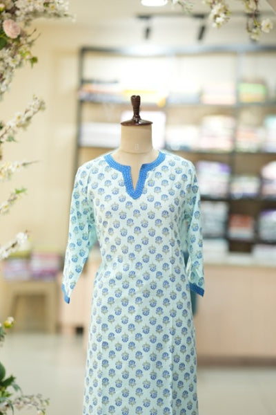 Sky Blue Handblock Cotton Suit Set with Traditional Floral Print