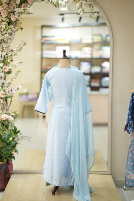 Pastel Blue Cotton Suit Set with Colorful Floral Embroidery & Lace Yoke