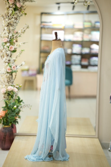 Pastel Blue Cotton Suit Set with Colorful Floral Embroidery & Lace Yoke