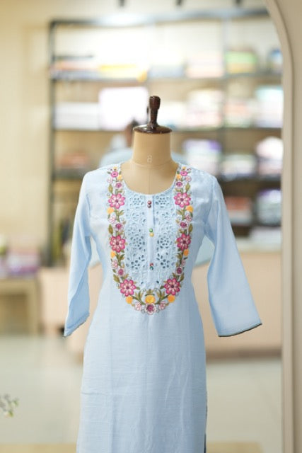 Pastel Blue Cotton Suit Set with Colorful Floral Embroidery & Lace Yoke