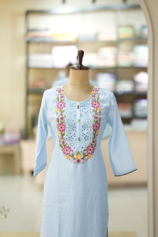 Pastel Blue Cotton Suit Set with Colorful Floral Embroidery & Lace Yoke