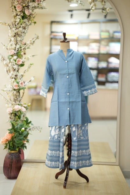 Steel Blue Cotton Co-Ord Set with White Thread Embroidery