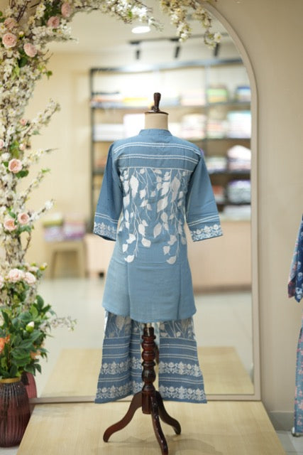 Steel Blue Cotton Co-Ord Set with White Thread Embroidery
