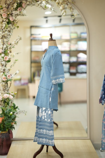 Steel Blue Cotton Co-Ord Set with White Thread Embroidery