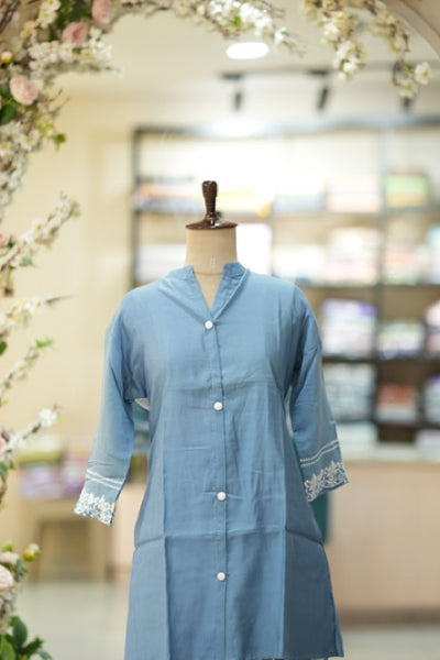 Steel Blue Cotton Co-Ord Set with White Thread Embroidery