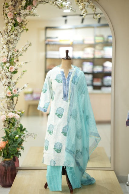 Mint Blue Floral Printed Cotton Suit Set with Zigzag Neckline Detailing ( Update )