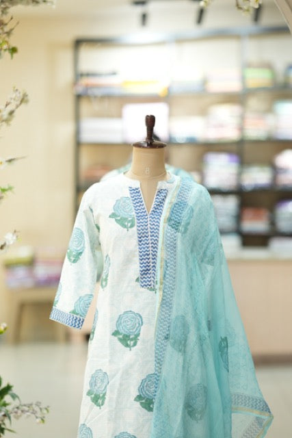 Mint Blue Floral Printed Cotton Suit Set with Zigzag Neckline Detailing ( Update )