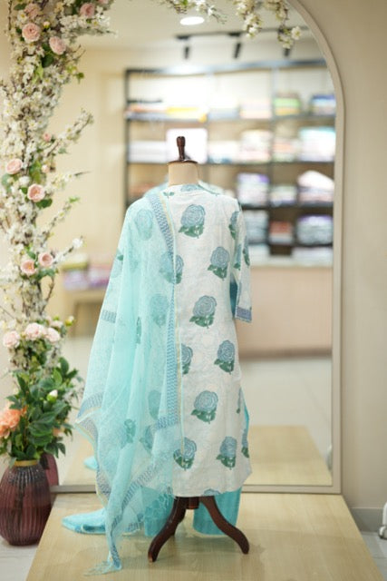 Mint Blue Floral Printed Cotton Suit Set with Zigzag Neckline Detailing ( Update )