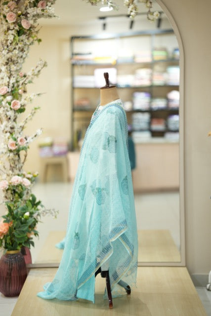 Mint Blue Floral Printed Cotton Suit Set with Zigzag Neckline Detailing ( Update )