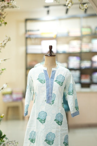 Mint Blue Floral Printed Cotton Suit Set with Zigzag Neckline Detailing ( Update )