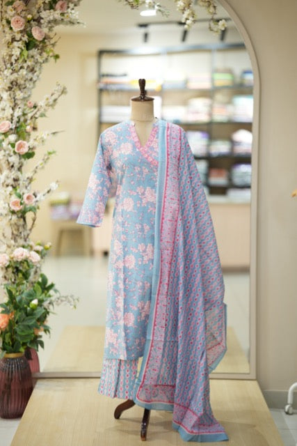 Pastel Blue & Pink Floral Printed Cotton Suit Set with Dupatta