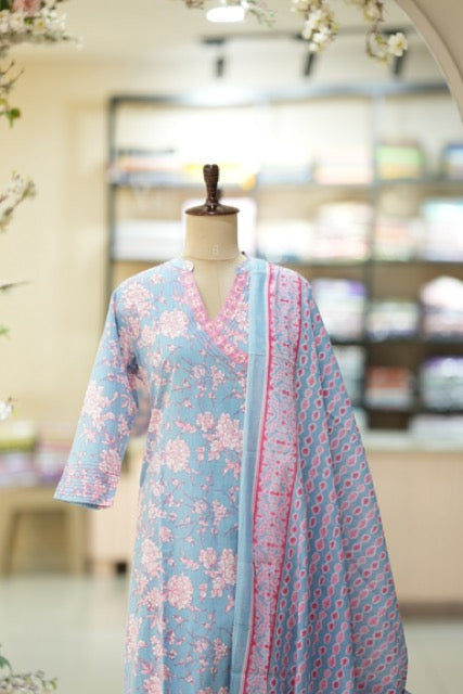 Pastel Blue & Pink Floral Printed Cotton Suit Set with Dupatta
