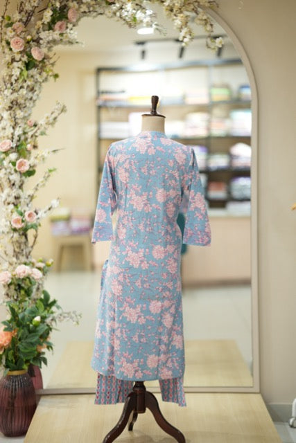 Pastel Blue & Pink Floral Printed Cotton Suit Set with Dupatta