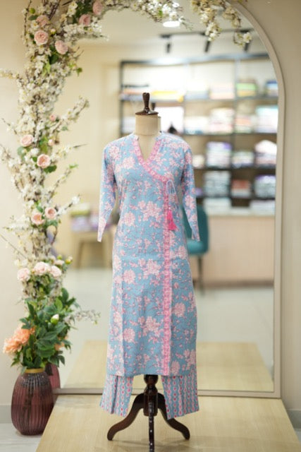 Pastel Blue & Pink Floral Printed Cotton Suit Set with Dupatta