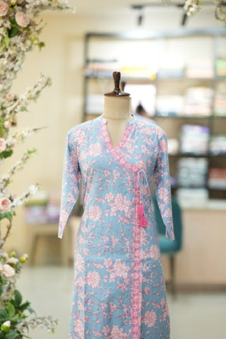 Pastel Blue & Pink Floral Printed Cotton Suit Set with Dupatta