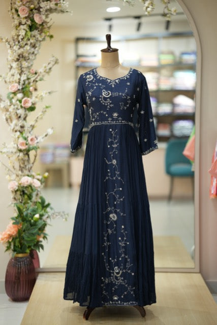 Navy Blue Hand Embroidered Anarkali Gown – Elegant Ethnic Grace(DRESS1)