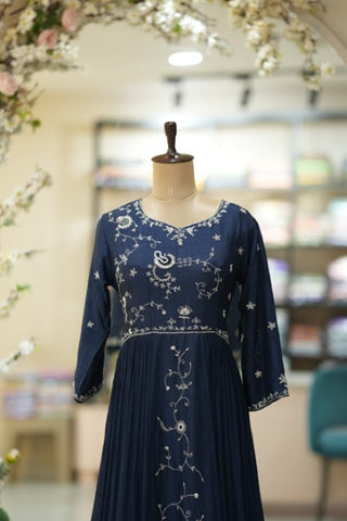 Navy Blue Hand Embroidered Anarkali Gown – Elegant Ethnic Grace(DRESS1)